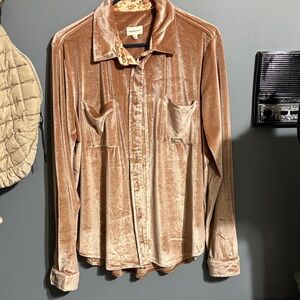 Thread & Supply Shimmery Blush Velvet Button-Up with Floral Trim